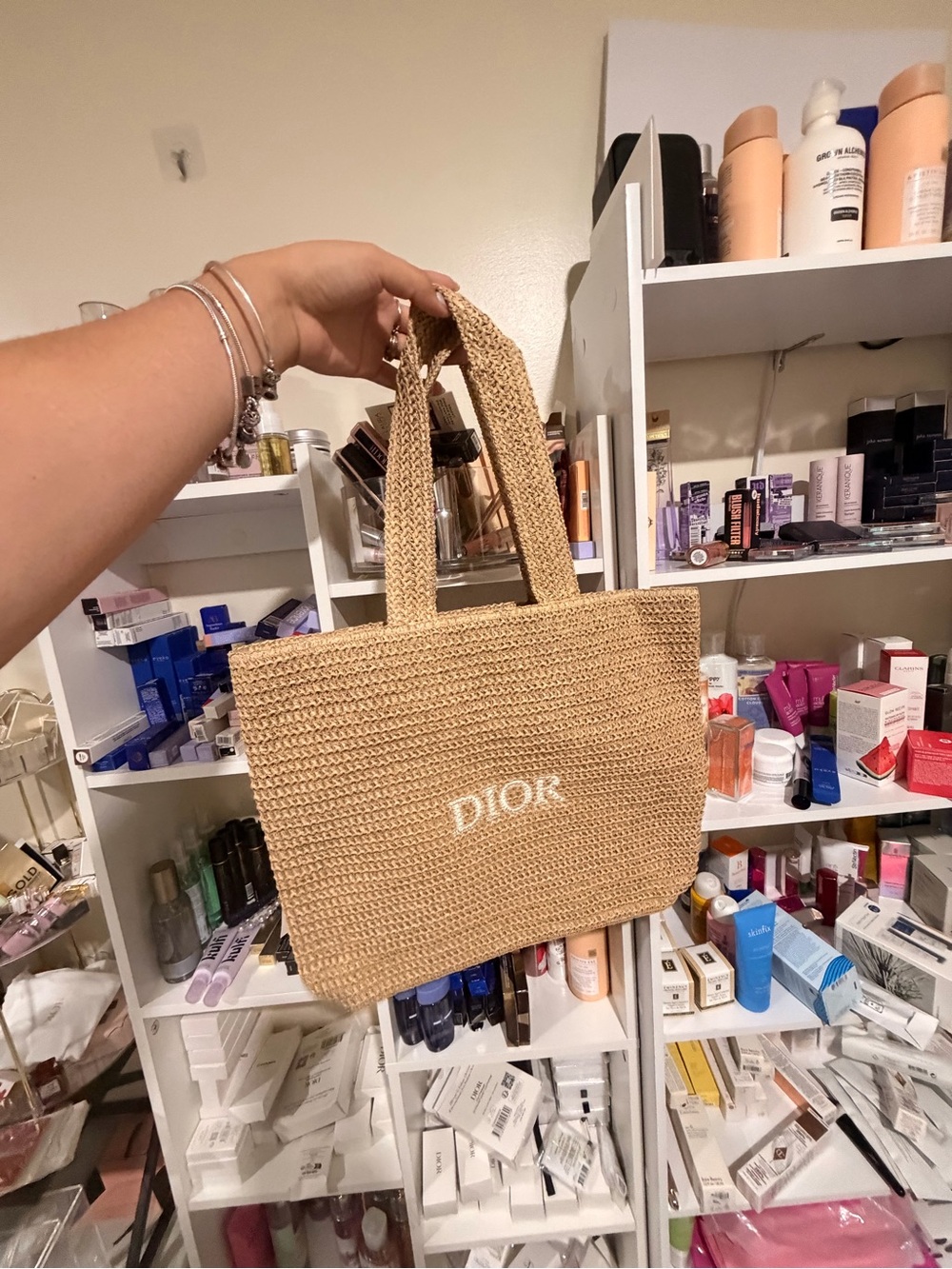 CD Natural Woven Tote Bag in Beige